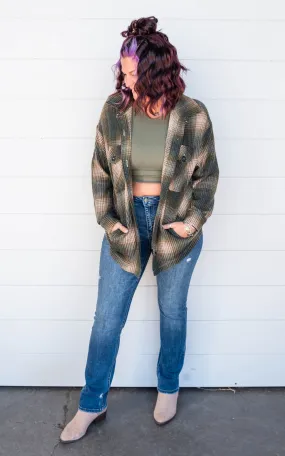 The Willow BRUSHED WAFFLE PLAID OVERSIZED SHACKET - Olive