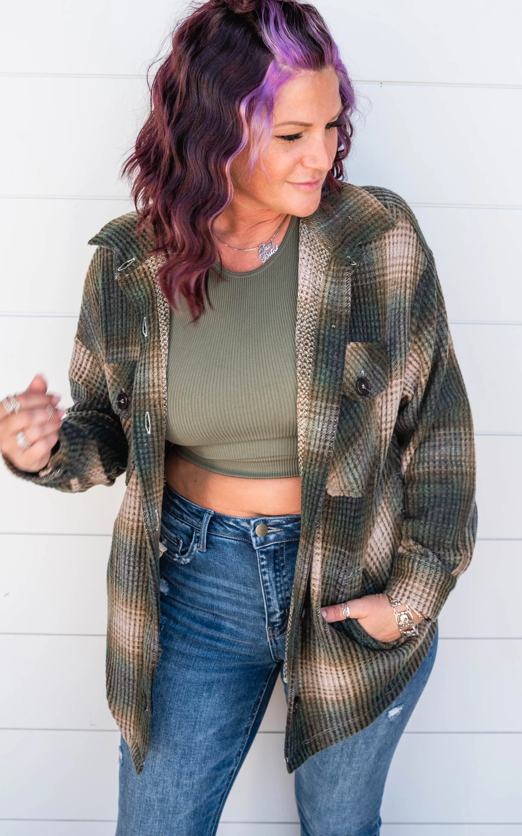 The Willow BRUSHED WAFFLE PLAID OVERSIZED SHACKET - Olive