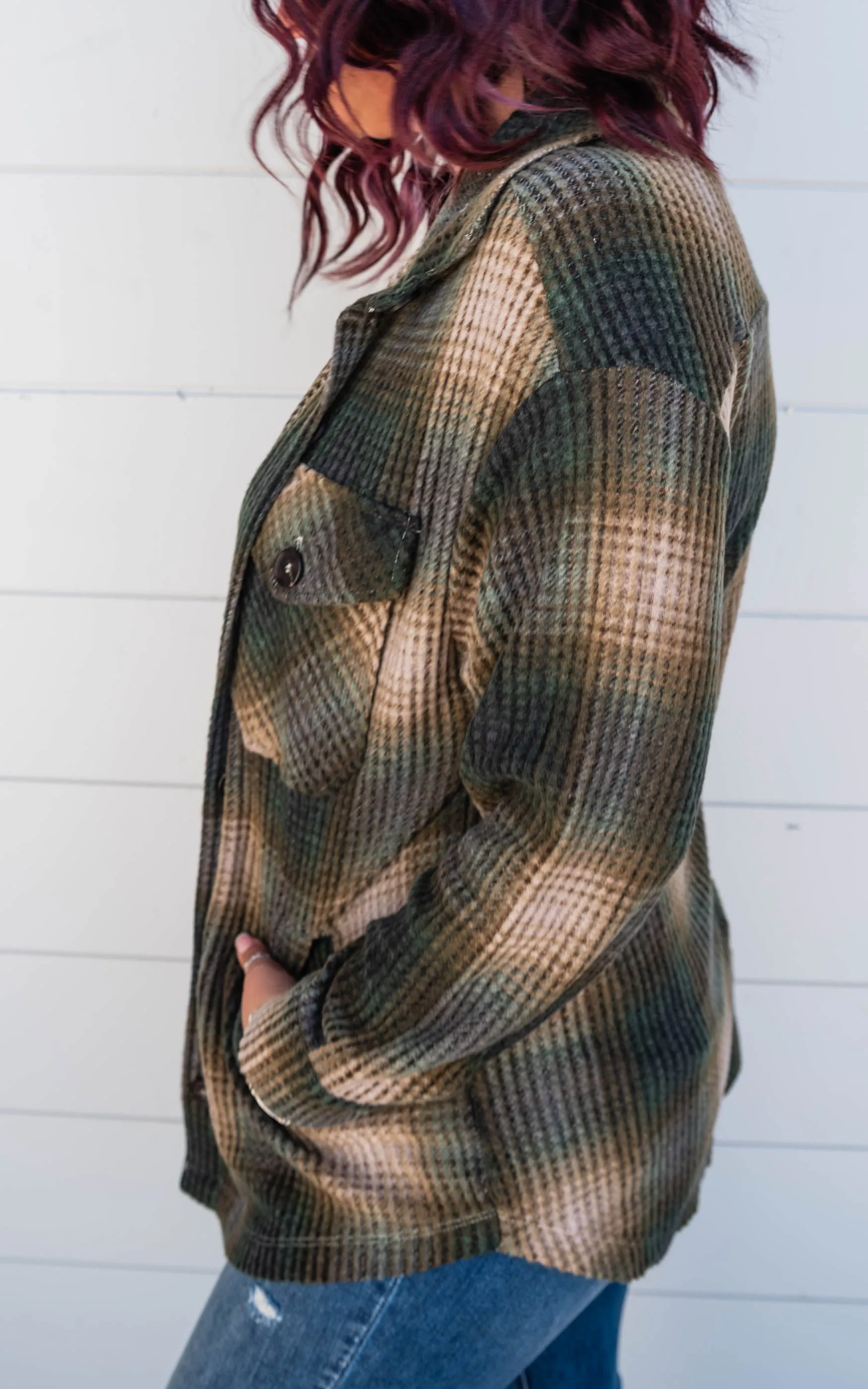 The Willow BRUSHED WAFFLE PLAID OVERSIZED SHACKET - Olive