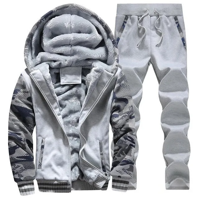 Tracksuit Men Sporting Fleece Thick Hooded Brand-Clothing Casual Track Suit Men Jacket Pant Warm Fur Inside Winter Sweatshirt