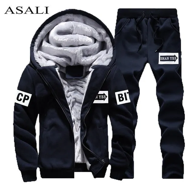 Tracksuit Men Sporting Fleece Thick Hooded Brand-Clothing Casual Track Suit Men Jacket Pant Warm Fur Inside Winter Sweatshirt