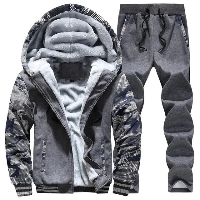 Tracksuit Men Sporting Fleece Thick Hooded Brand-Clothing Casual Track Suit Men Jacket Pant Warm Fur Inside Winter Sweatshirt