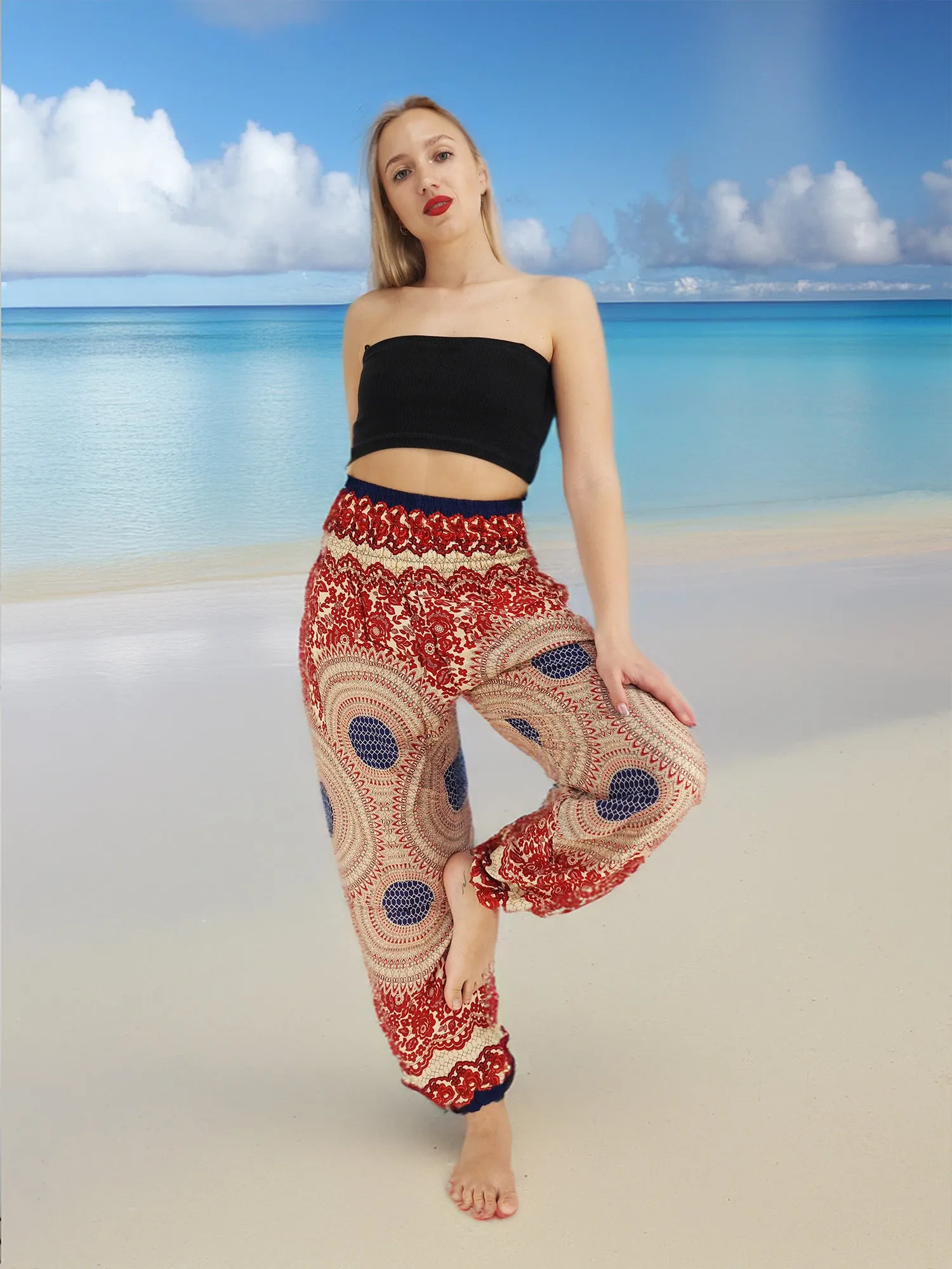 Unisex Harem Yoga Hippie Boho Pants Blue And Red Print M