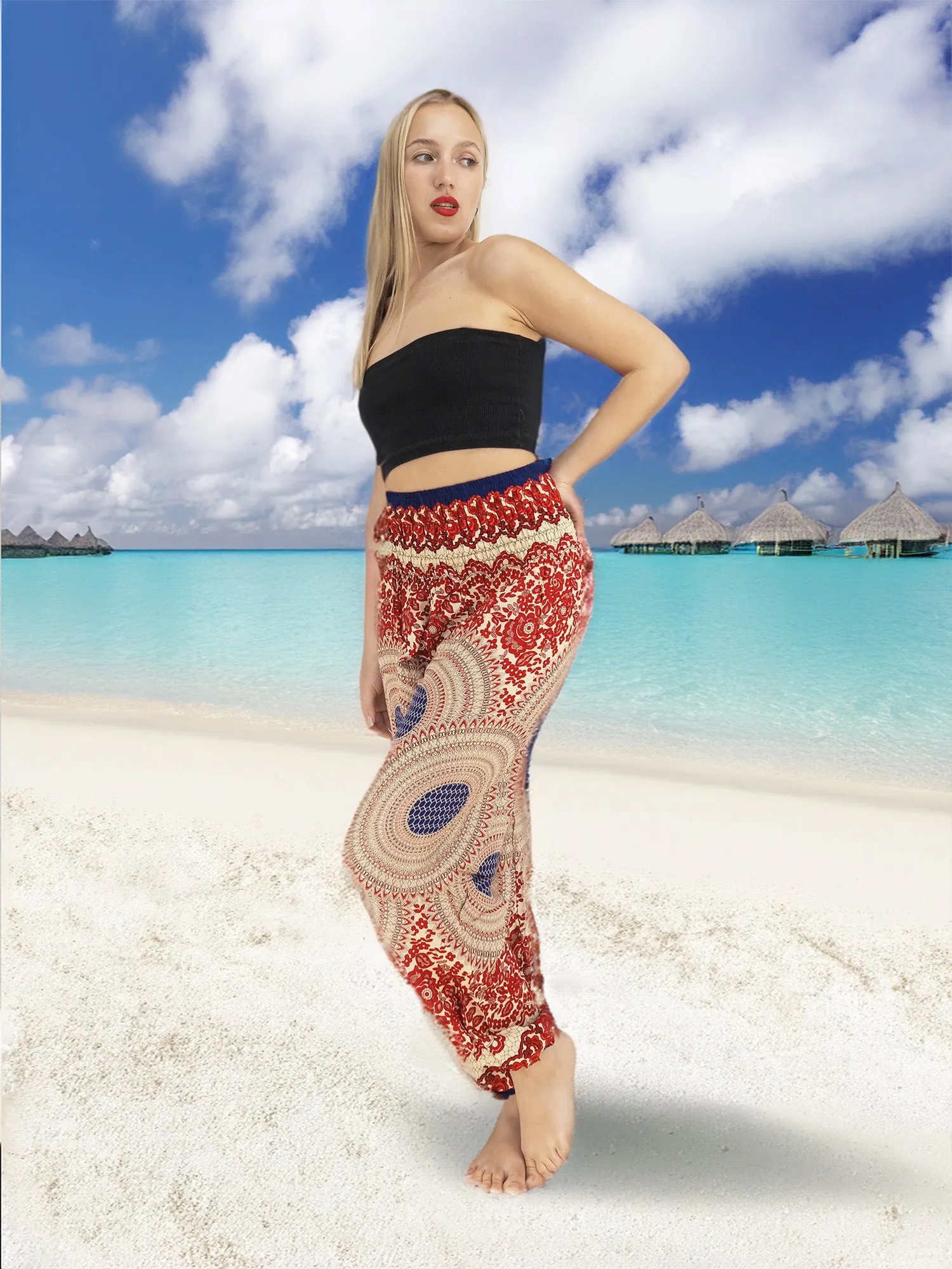 Unisex Harem Yoga Hippie Boho Pants Blue And Red Print M