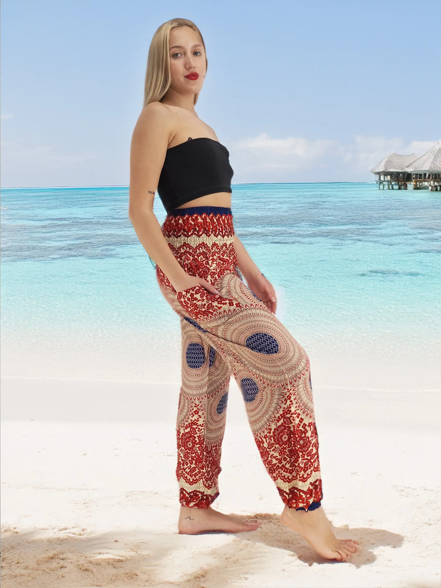 Unisex Harem Yoga Hippie Boho Pants Blue And Red Print M