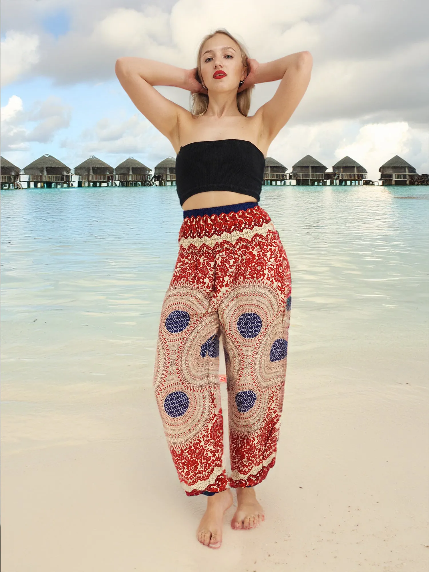 Unisex Harem Yoga Hippie Boho Pants Blue And Red Print M