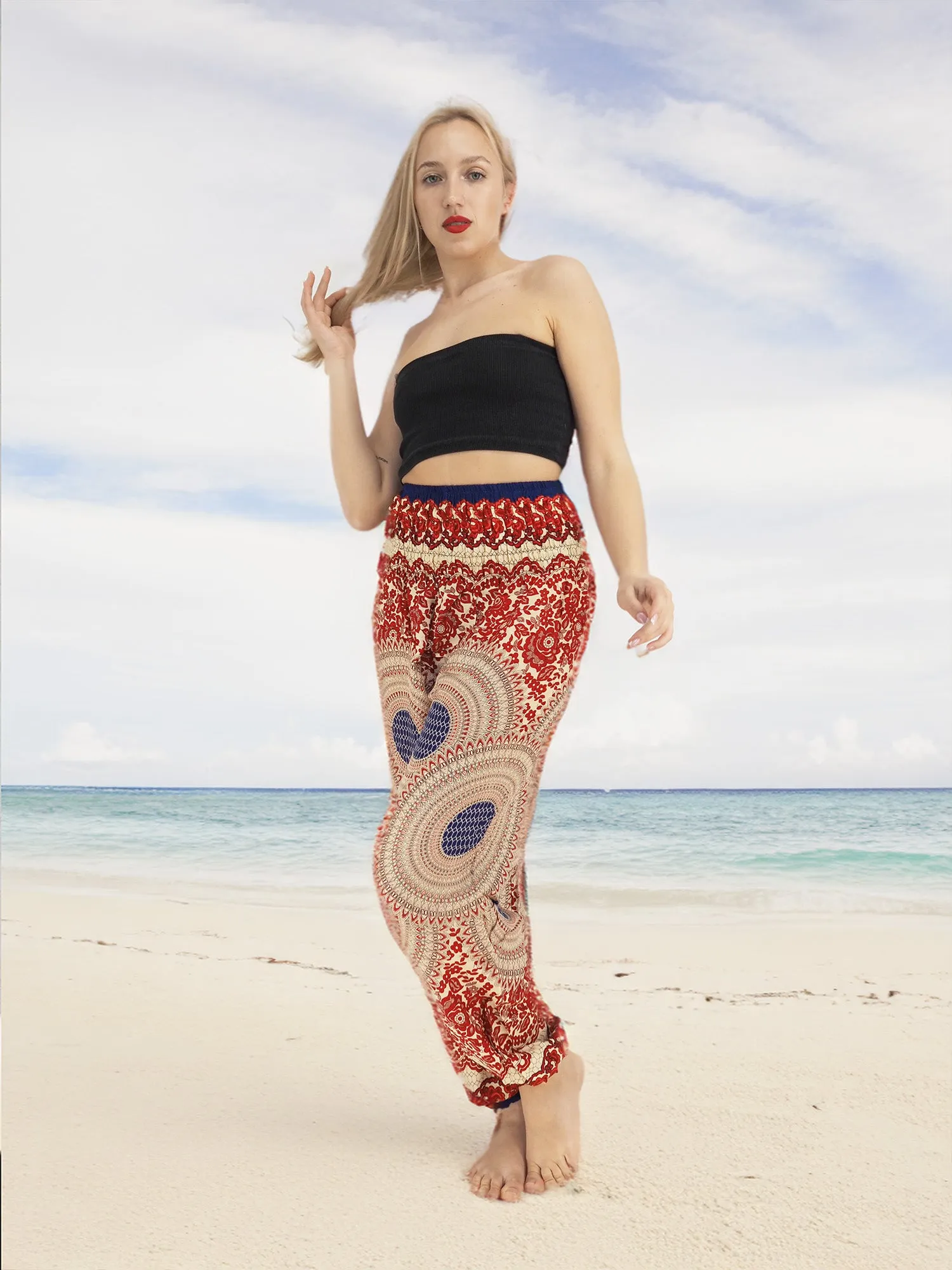 Unisex Harem Yoga Hippie Boho Pants Blue And Red Print M