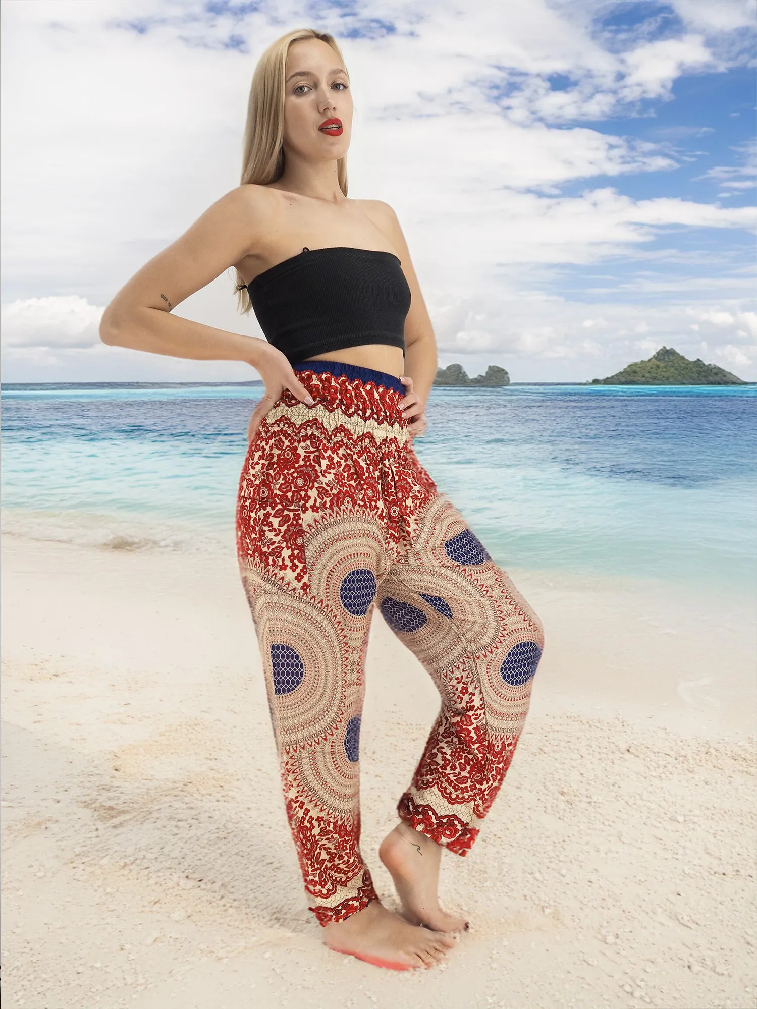 Unisex Harem Yoga Hippie Boho Pants Blue And Red Print M