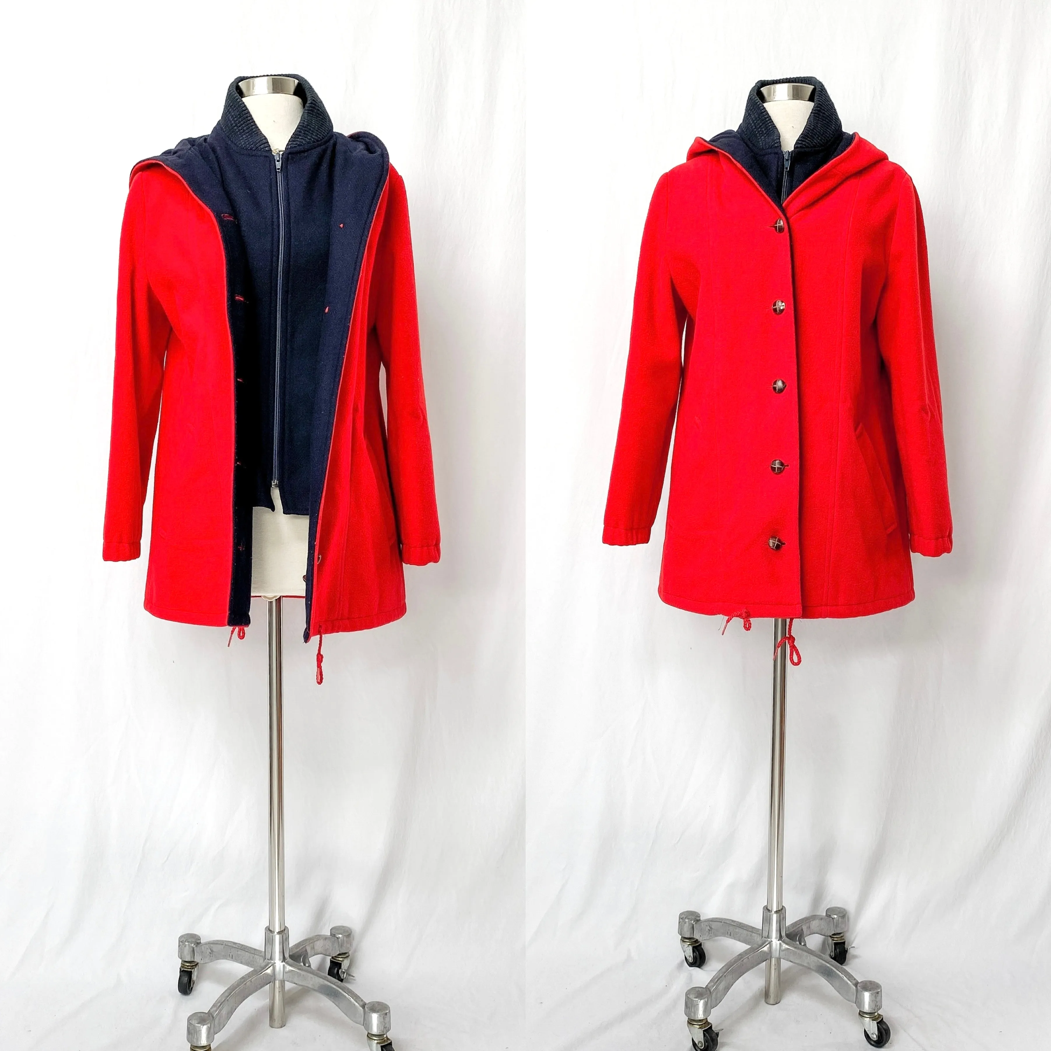 Vintage 80’s All Outdoors Mackintosh Red & Navy Double Lined Coat (M)