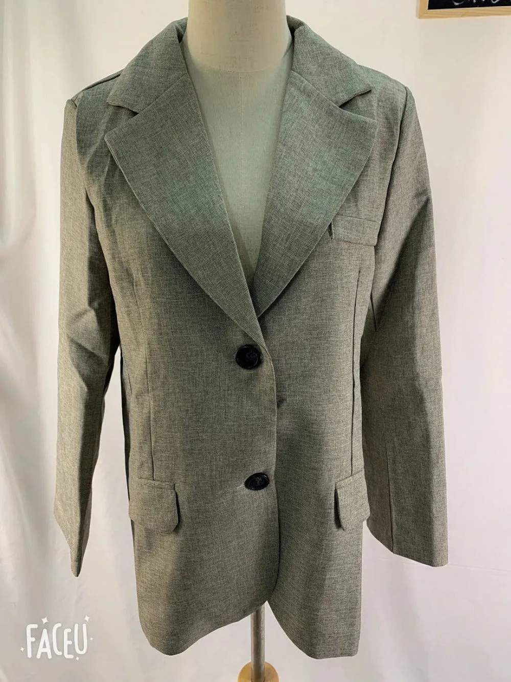 Vintage Autumn Office Ladies Notched Collar Plaid Blazer Breasted Coat