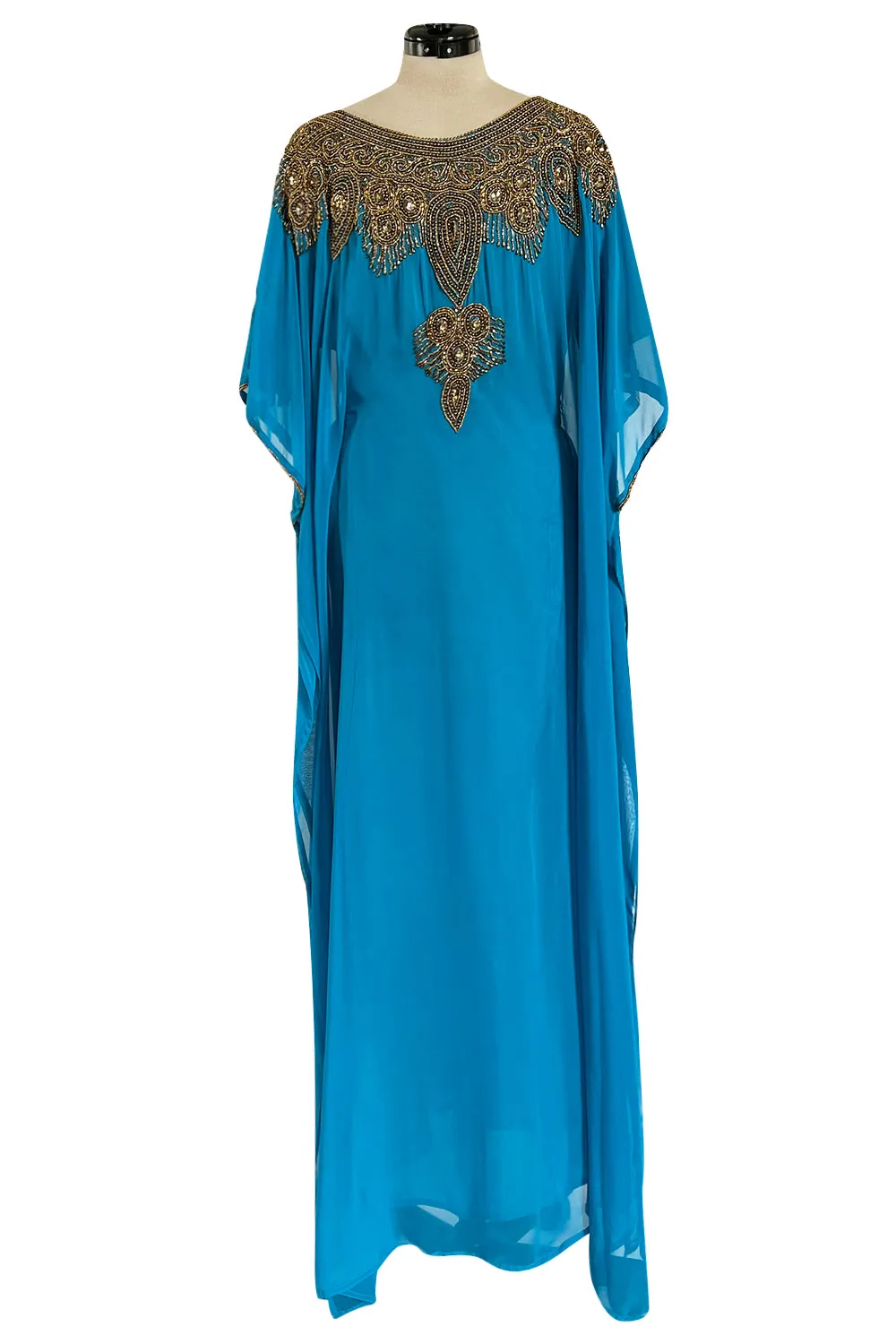 Vintage Unlabelled Beaded Chiffon Deep Turquoise Blue Caftan Dress w Inner Lining