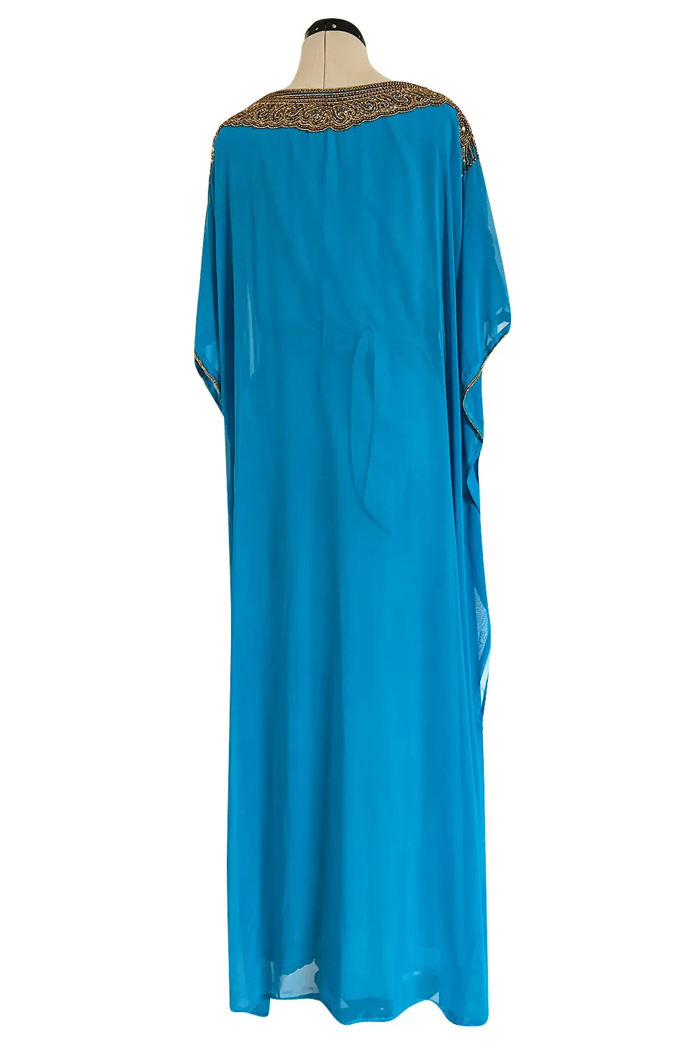 Vintage Unlabelled Beaded Chiffon Deep Turquoise Blue Caftan Dress w Inner Lining