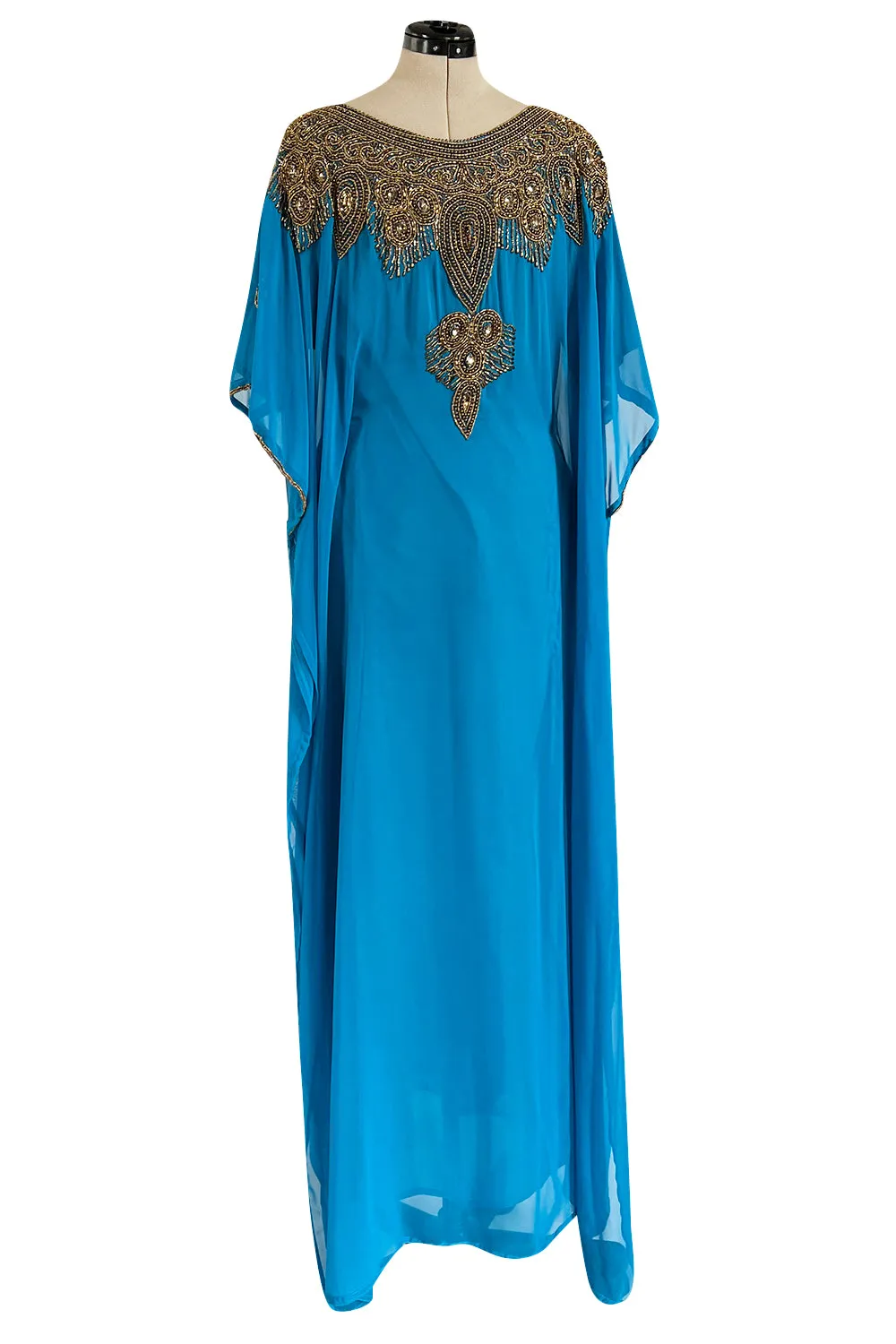 Vintage Unlabelled Beaded Chiffon Deep Turquoise Blue Caftan Dress w Inner Lining