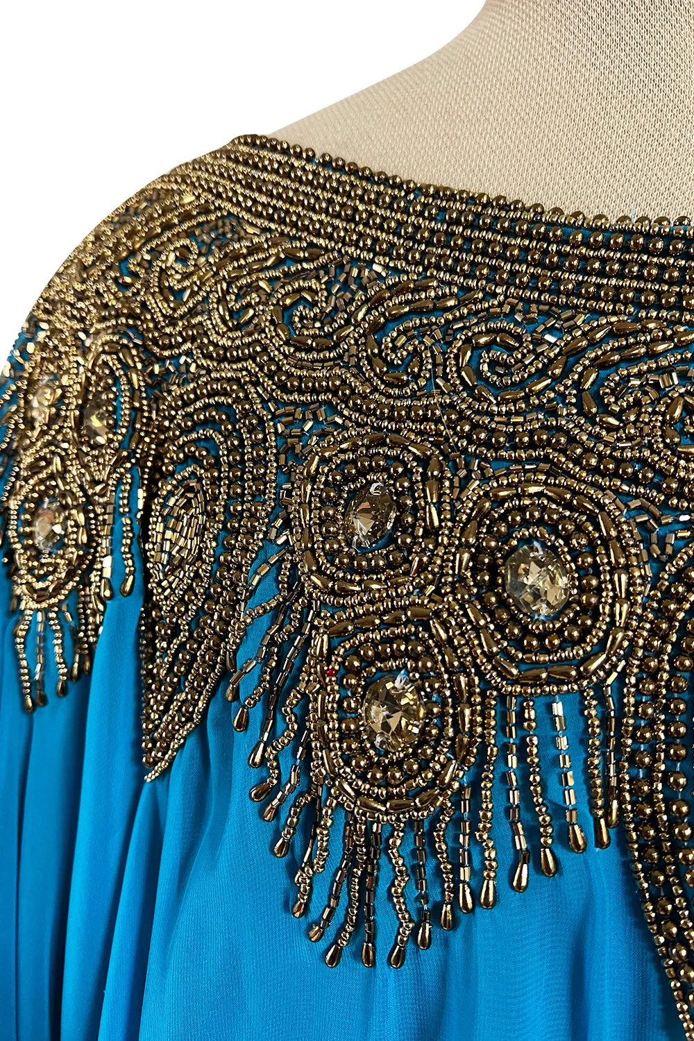 Vintage Unlabelled Beaded Chiffon Deep Turquoise Blue Caftan Dress w Inner Lining