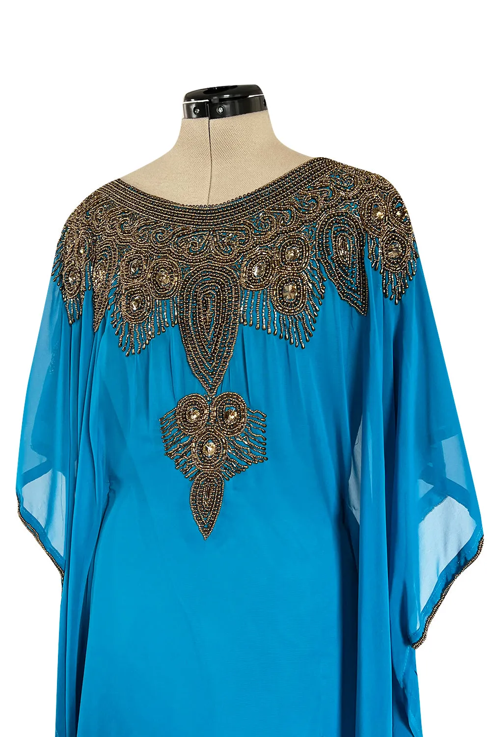 Vintage Unlabelled Beaded Chiffon Deep Turquoise Blue Caftan Dress w Inner Lining