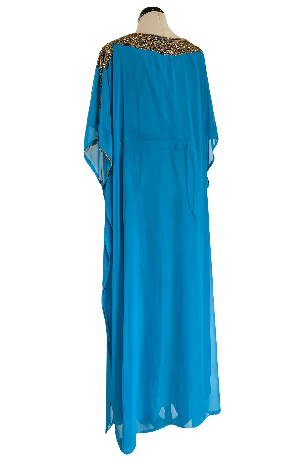 Vintage Unlabelled Beaded Chiffon Deep Turquoise Blue Caftan Dress w Inner Lining