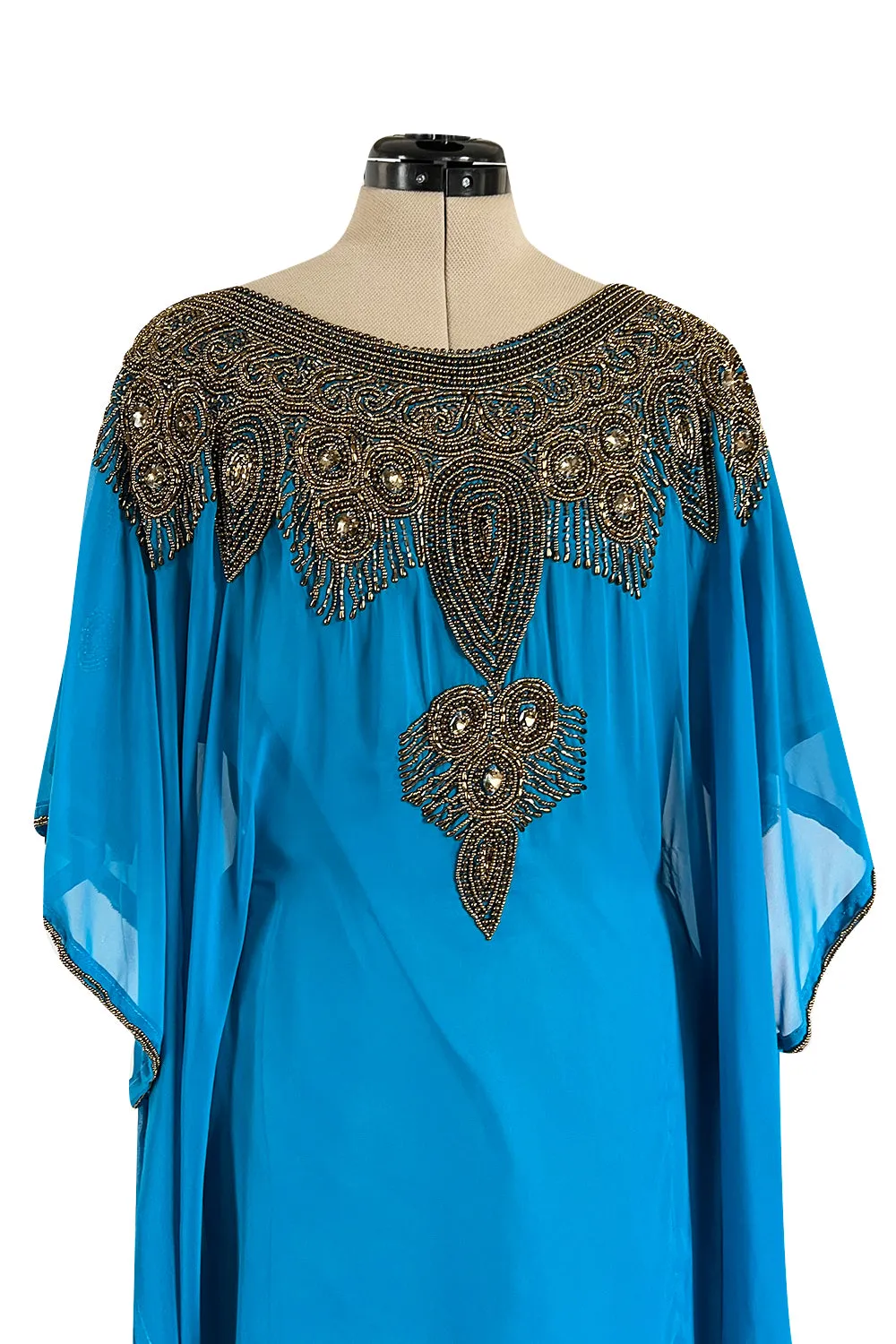 Vintage Unlabelled Beaded Chiffon Deep Turquoise Blue Caftan Dress w Inner Lining