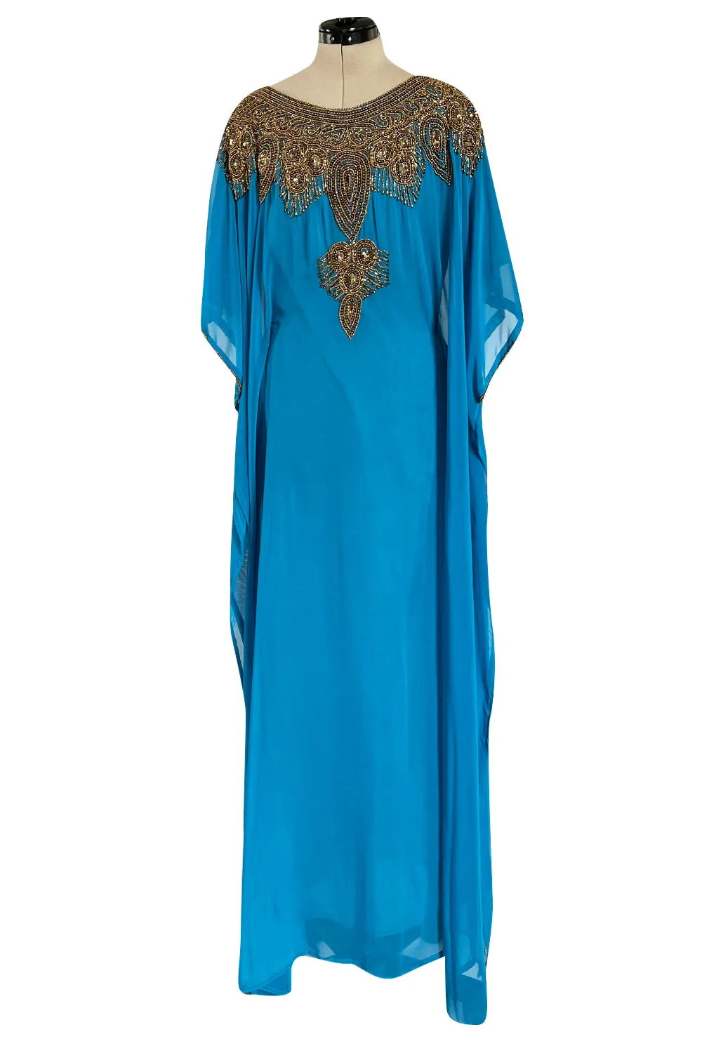 Vintage Unlabelled Beaded Chiffon Deep Turquoise Blue Caftan Dress w Inner Lining