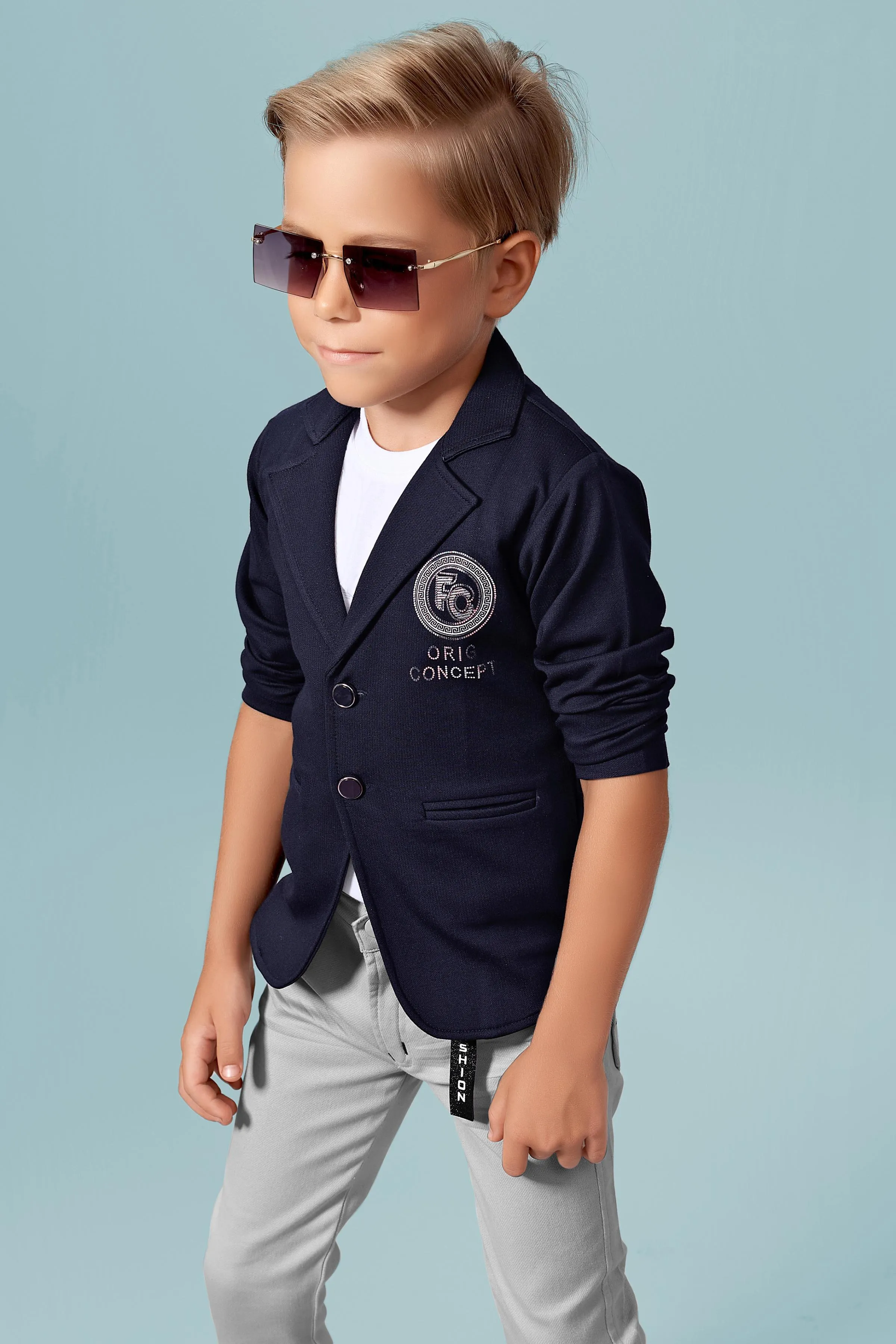 White and Grey with Navy Blue Waist Coat and Set for Boys with Belt