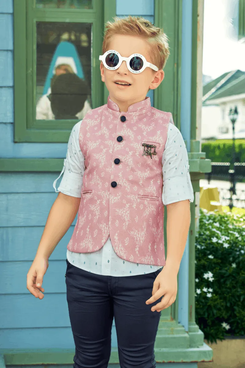 White with Pink Waist Coat and Navy Blue Pant Set for Boys