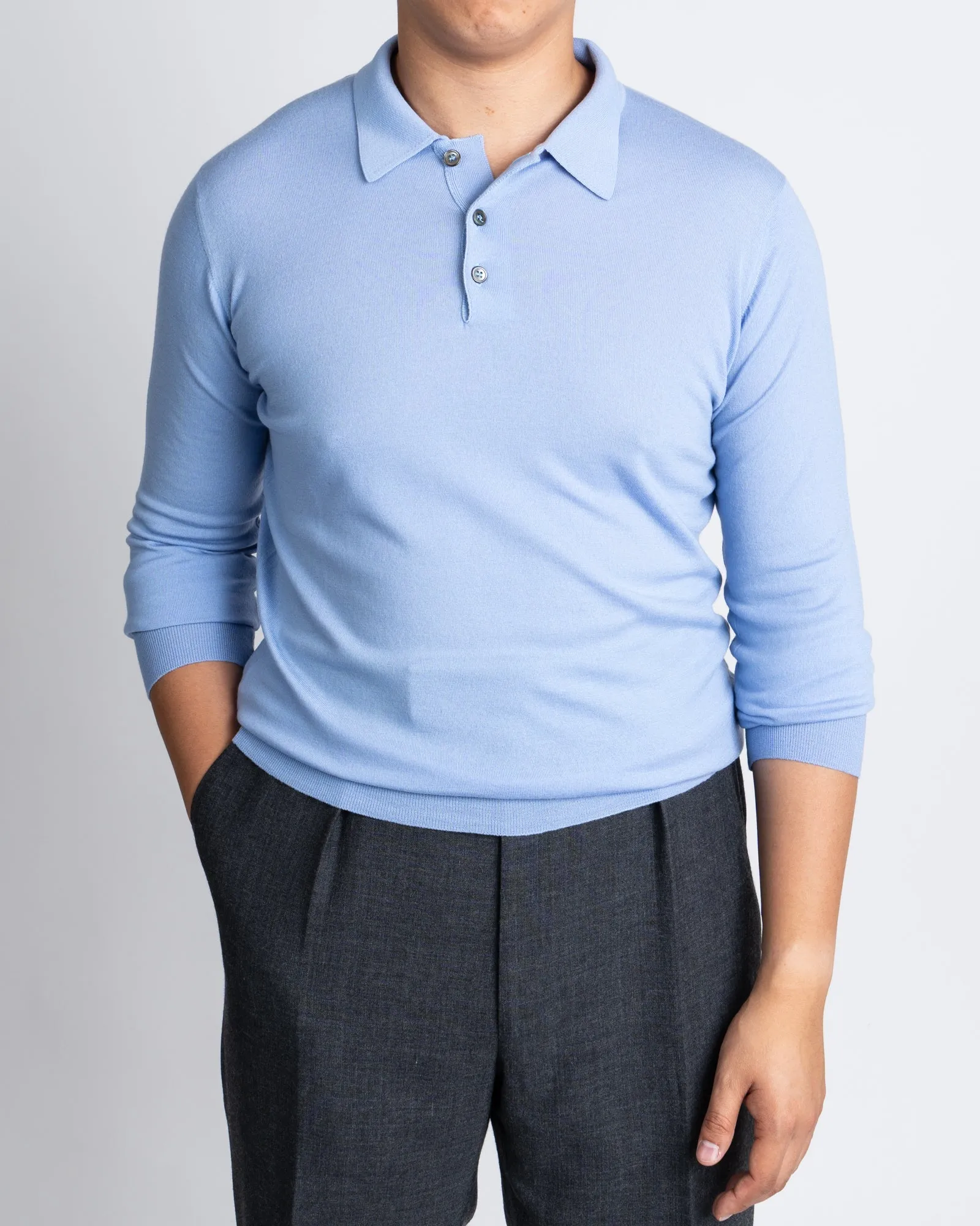 William Lockie x Loro Piana Merino Long Sleeve Polo - Hyacinth