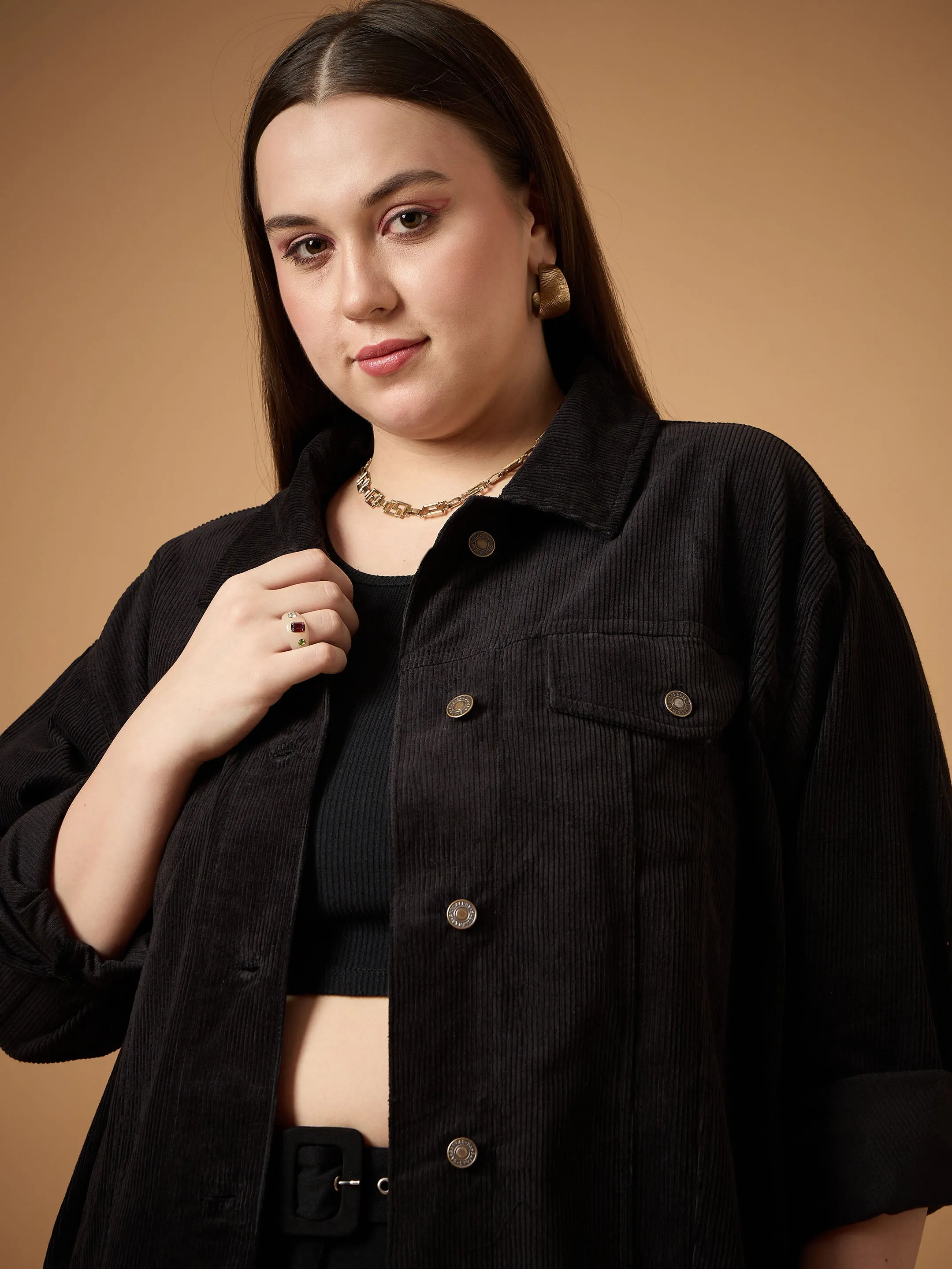 Women Black Corduroy Front Button Shacket