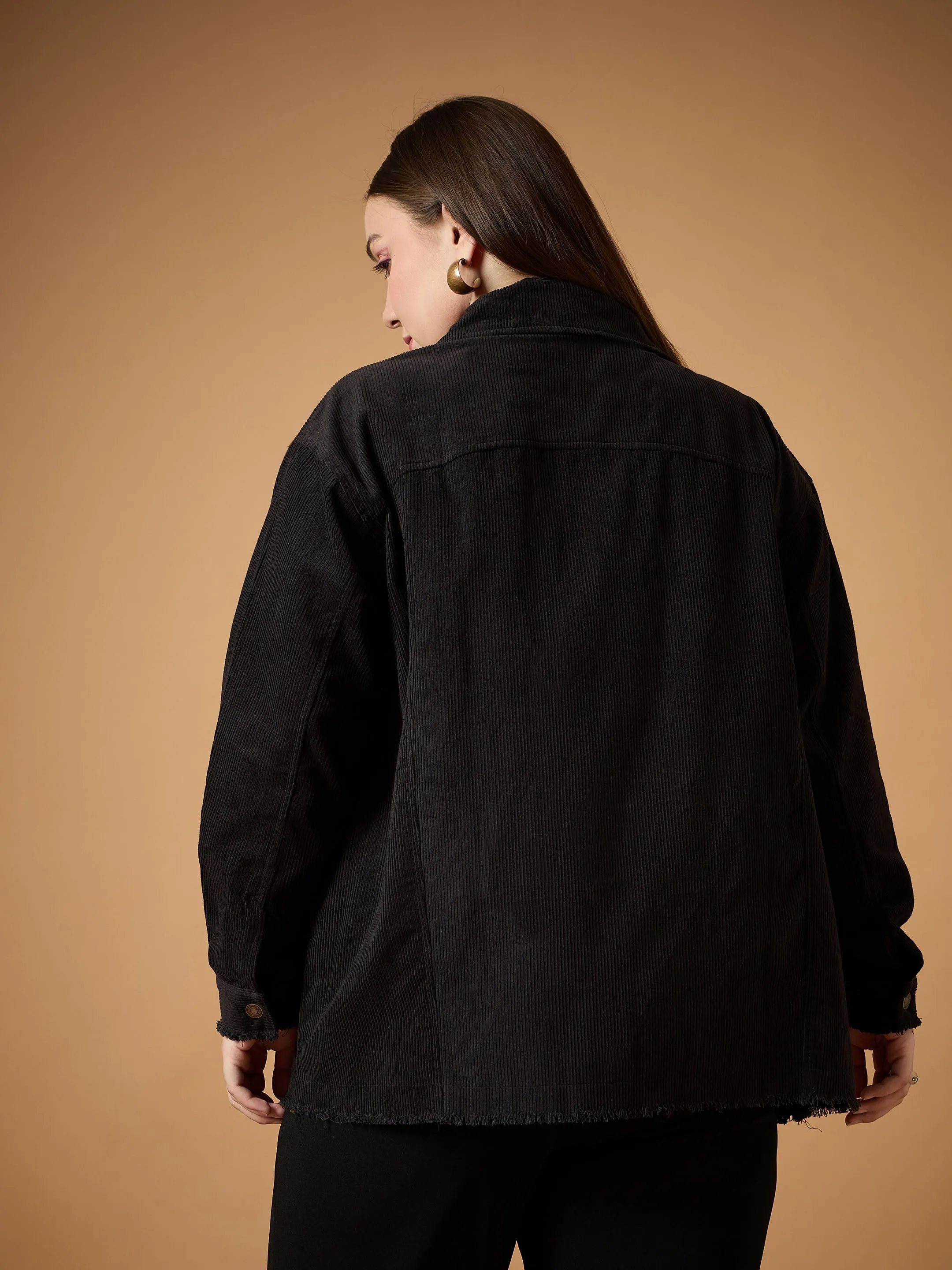 Women Black Corduroy Front Button Shacket