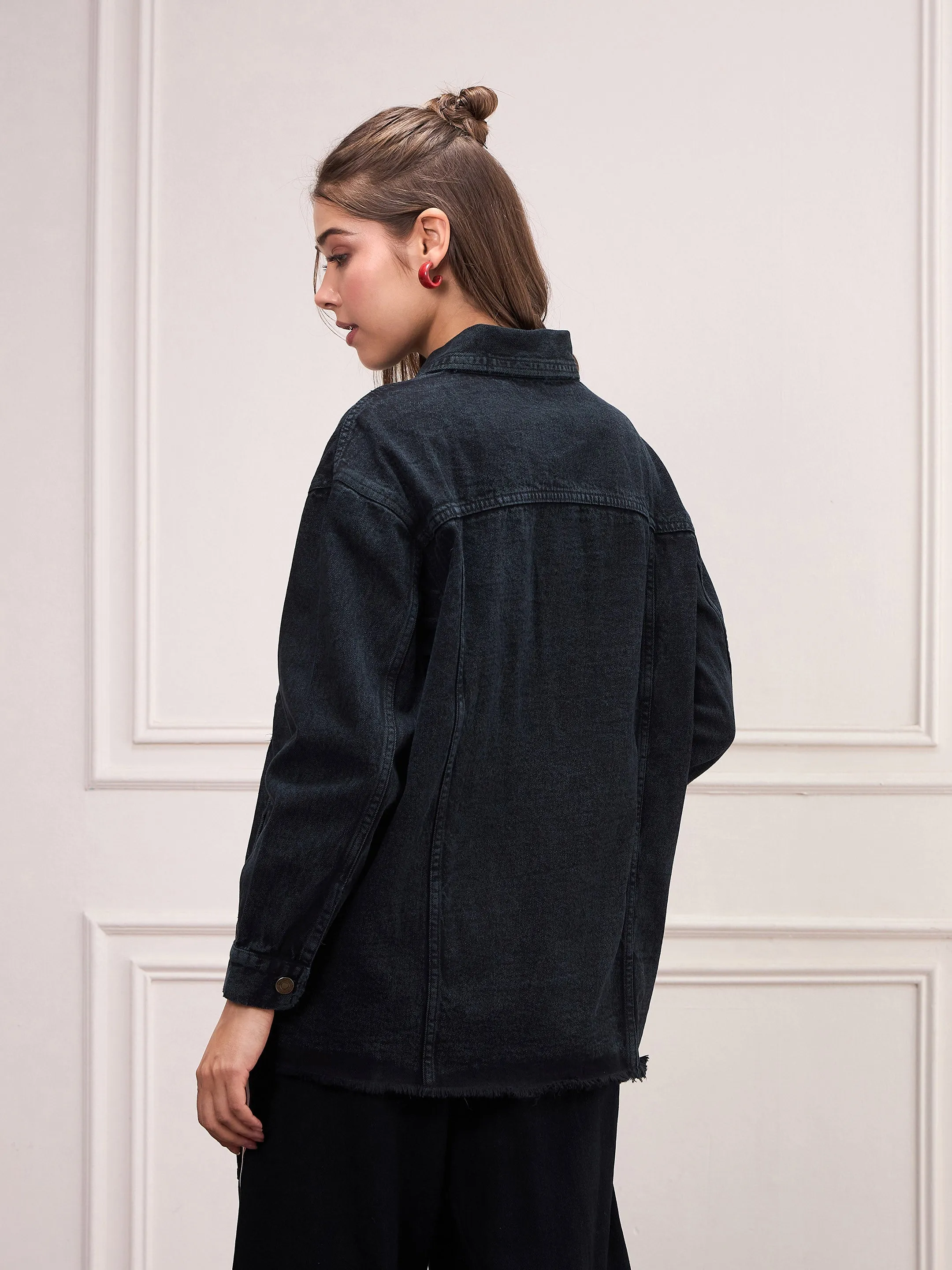 Women Black Washed Denim Shacket