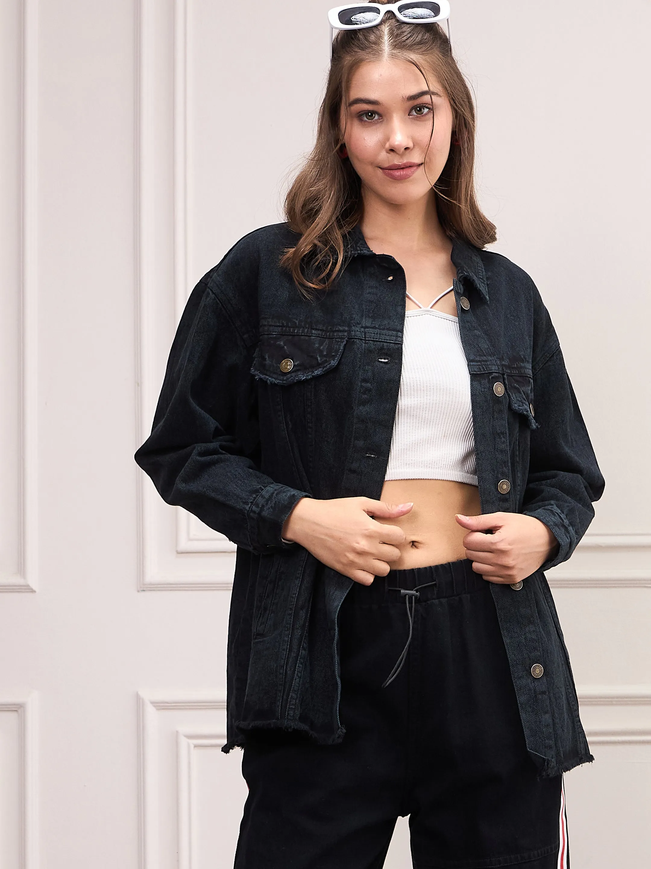 Women Black Washed Denim Shacket