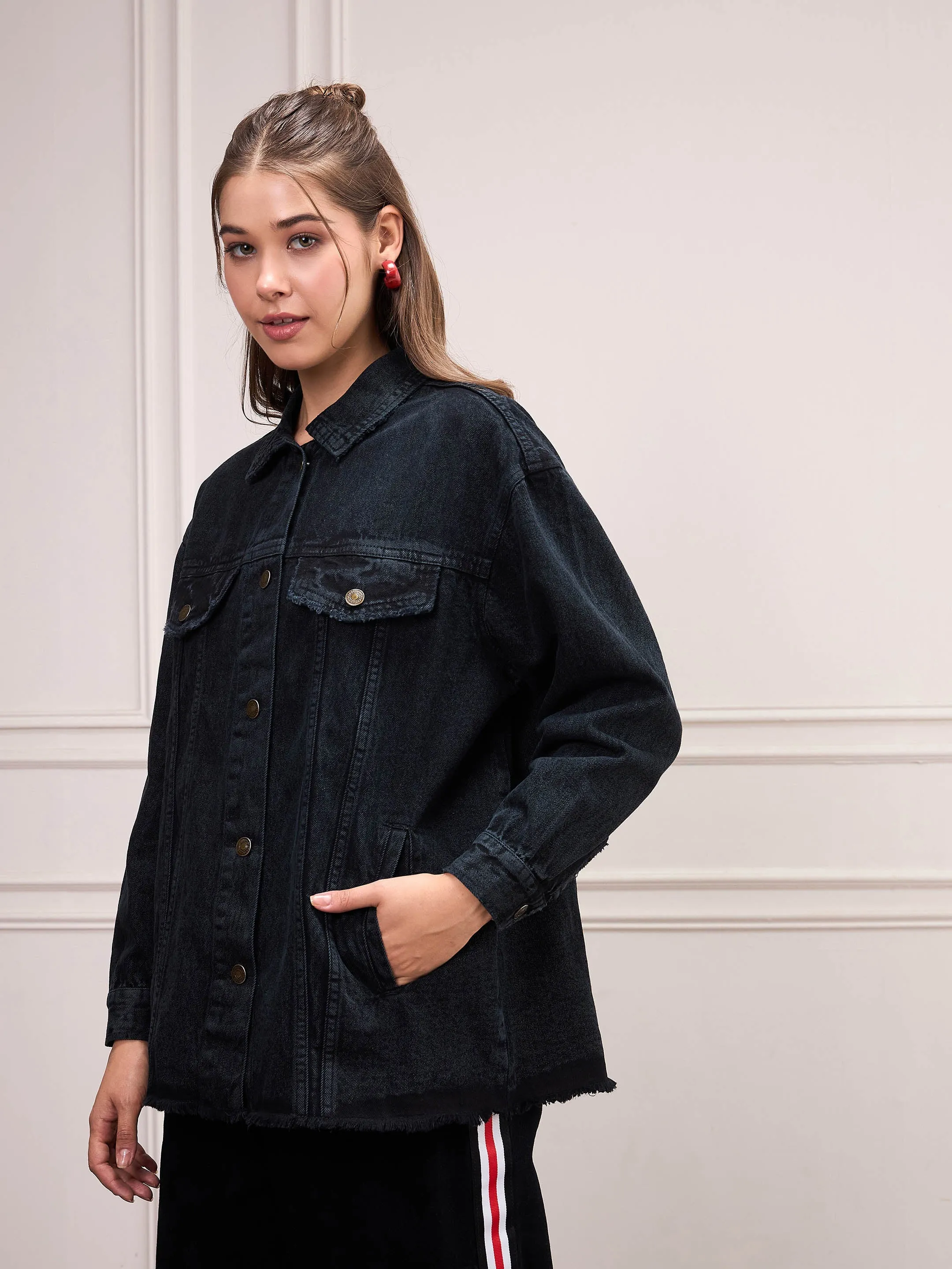 Women Black Washed Denim Shacket