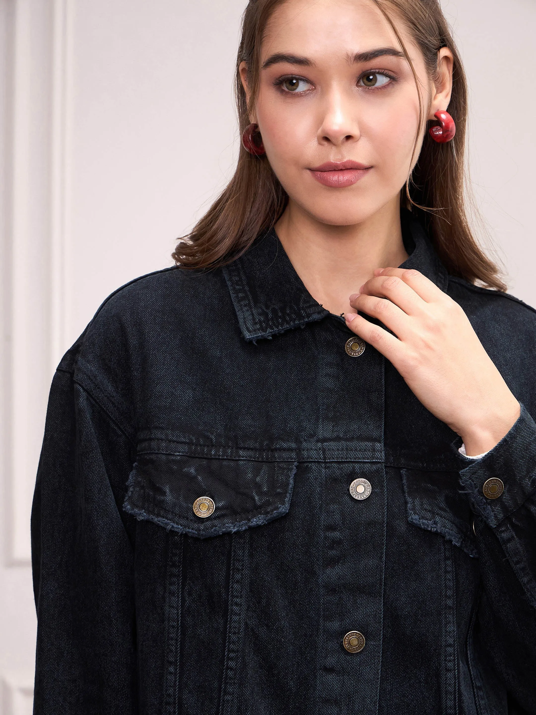 Women Black Washed Denim Shacket