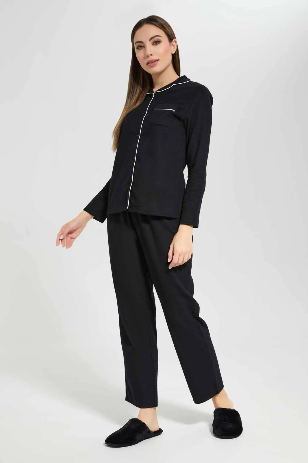 Women Black Woven Cotton Flannel Pyjama Set (2 Piece)