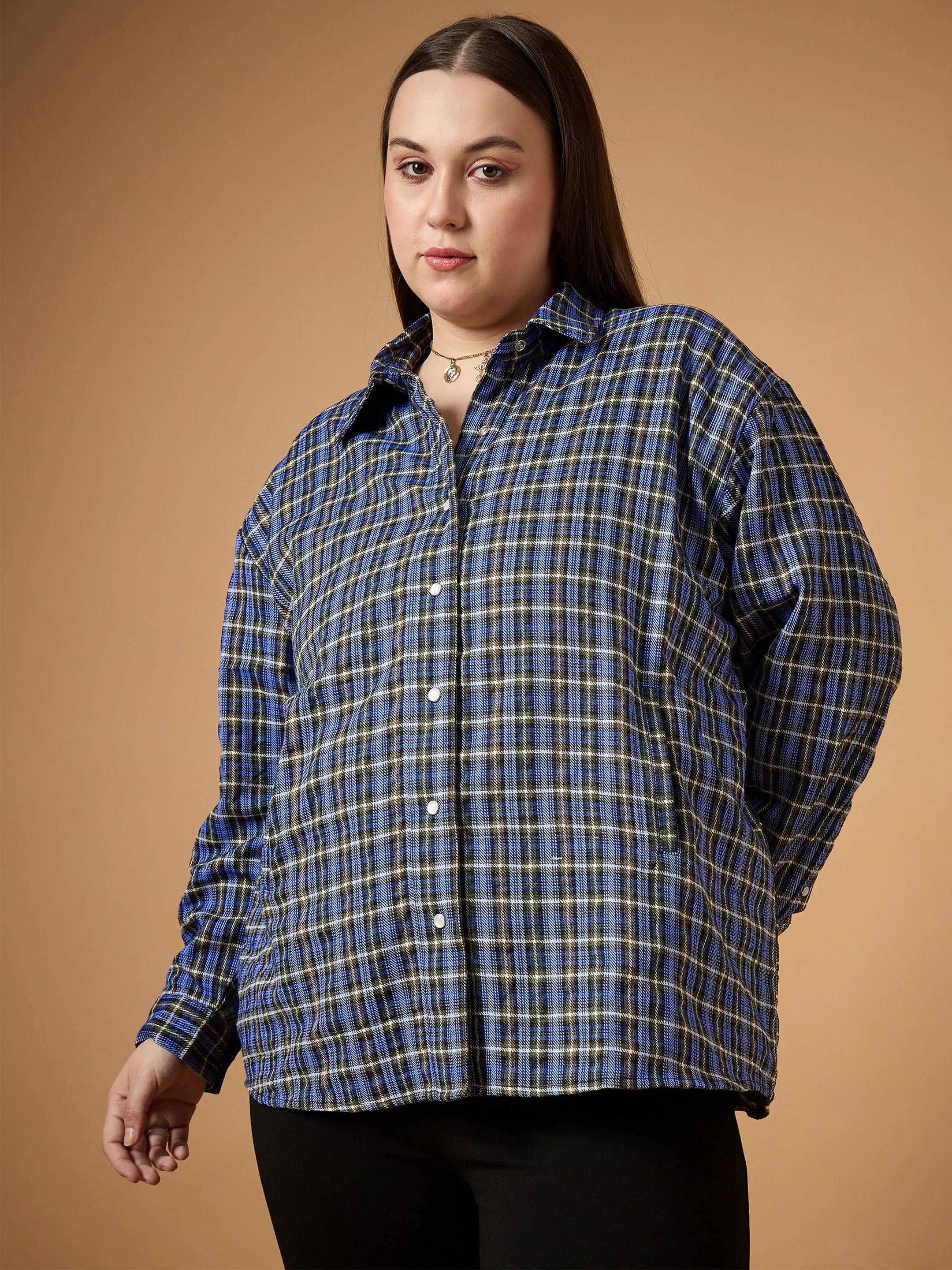 Women Blue & White Flannel Check Front Button Shacket