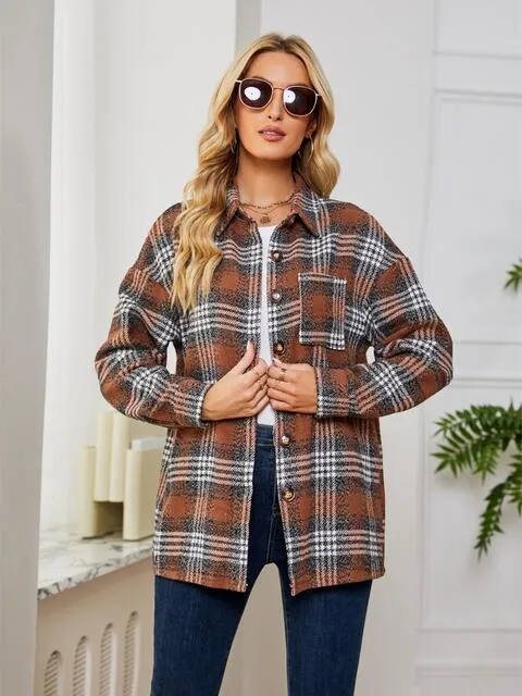 Women Casual Plaid Collared Button Down Long Sleeve Shirt Jacket