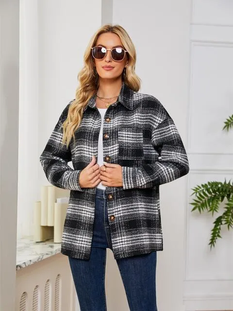 Women Casual Plaid Collared Button Down Long Sleeve Shirt Jacket