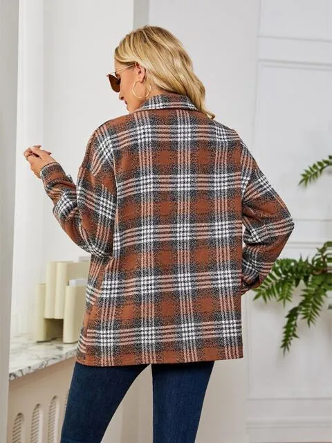 Women Casual Plaid Collared Button Down Long Sleeve Shirt Jacket