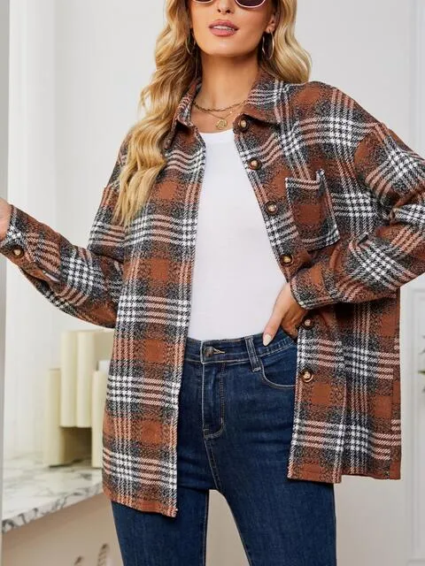 Women Casual Plaid Collared Button Down Long Sleeve Shirt Jacket