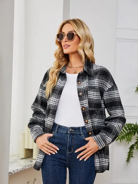 Women Casual Plaid Collared Button Down Long Sleeve Shirt Jacket