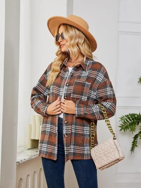 Women Casual Plaid Collared Button Down Long Sleeve Shirt Jacket