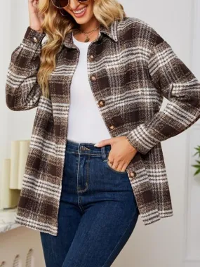 Women Casual Plaid Collared Button Down Long Sleeve Shirt Jacket