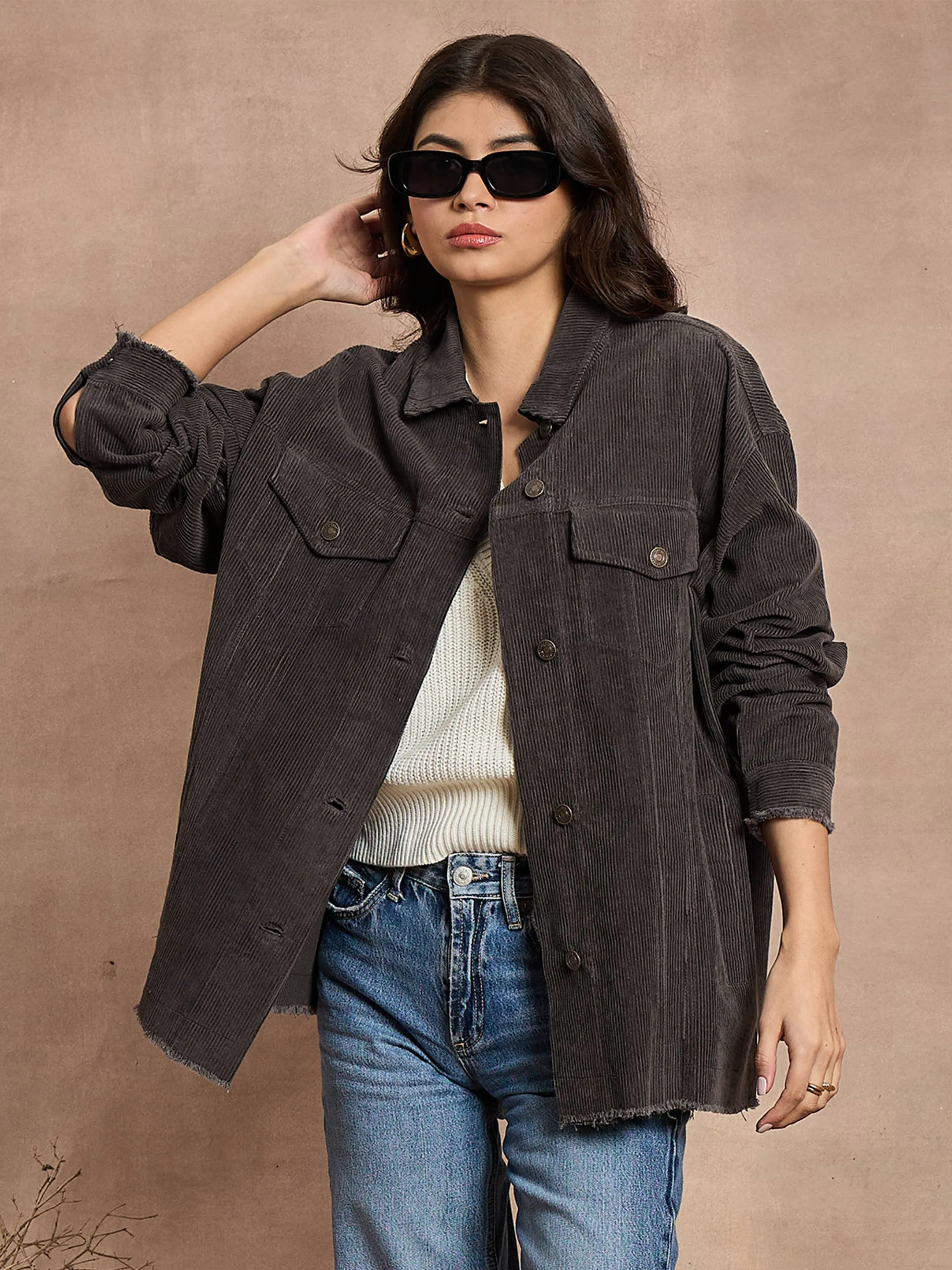 Women Dark Grey Corduroy Oversize Shacket