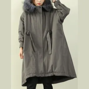 women gray winter outwear casual hooded faux fur collar outwear