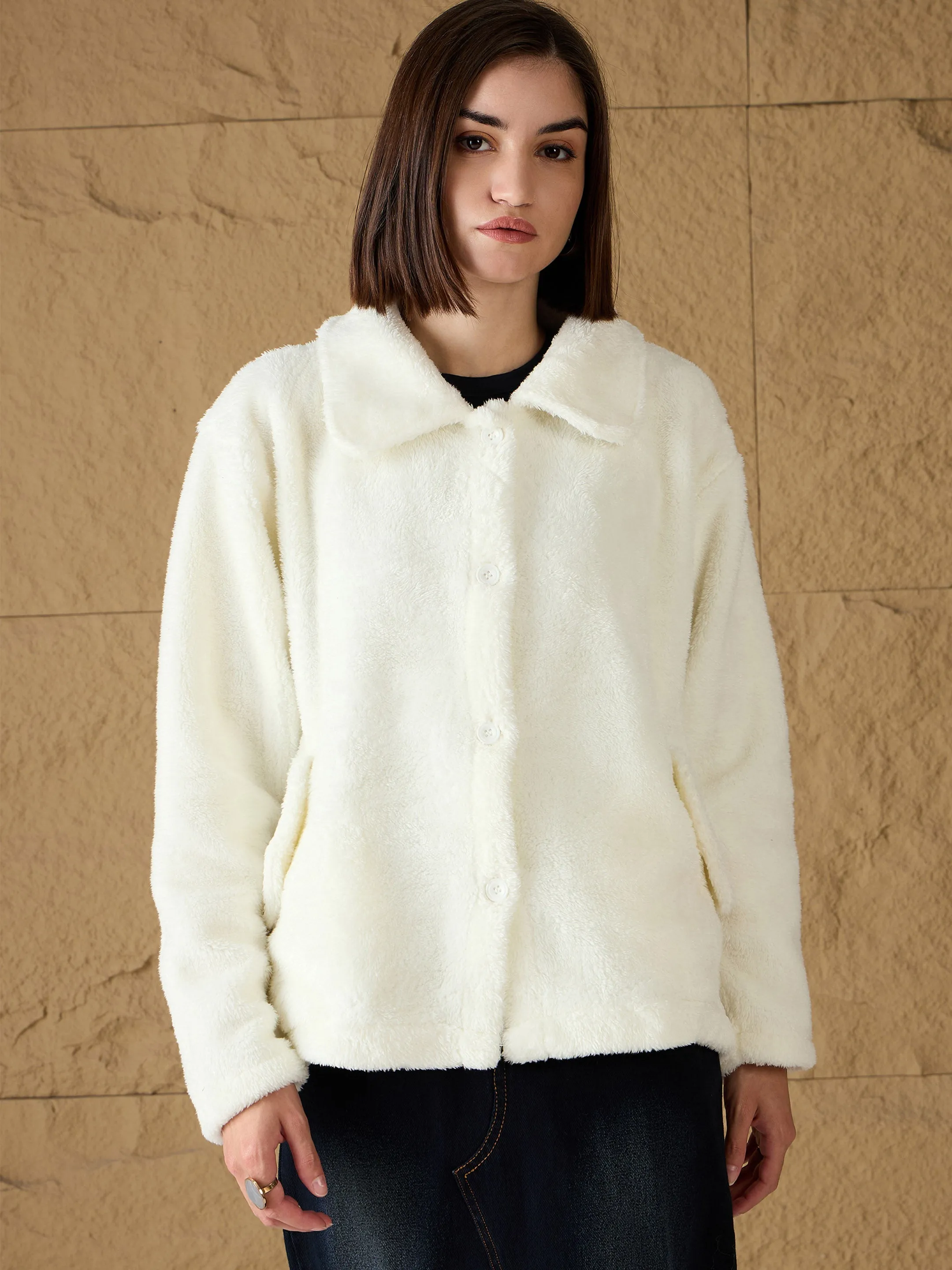 Women Off White Fur Flap Pockets Jacket