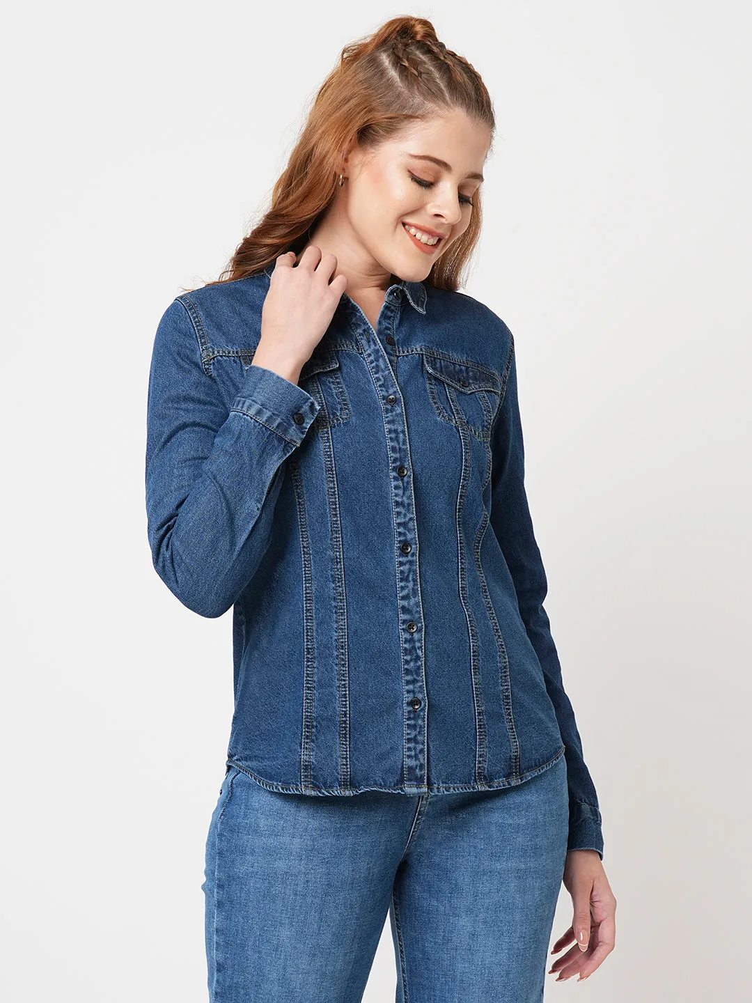 Women Slim Fit Blue Denim Shacket