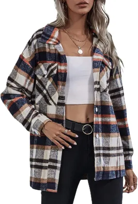 Women'S Casual Long Sleeve Button down Boyfriend Plaid Heavyweight Flannel Shirt Jacket Shacket