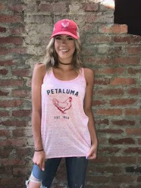 Women's Flowy Racerback Tank Red Marble with Luma Vintage Petaluma Chicken