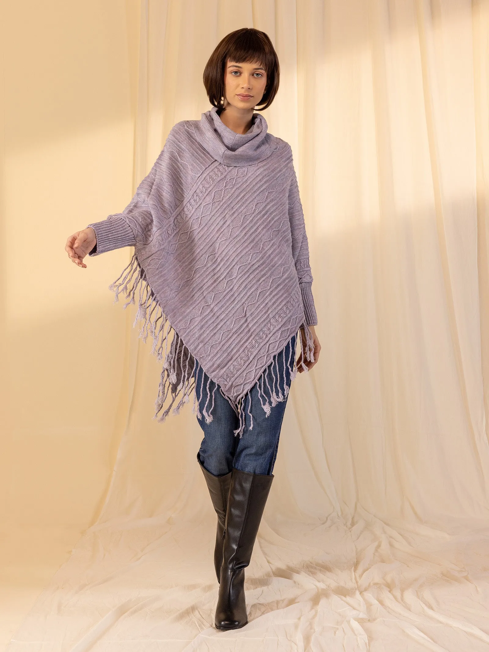 Woolen Cowl Neck Poncho - Lilac