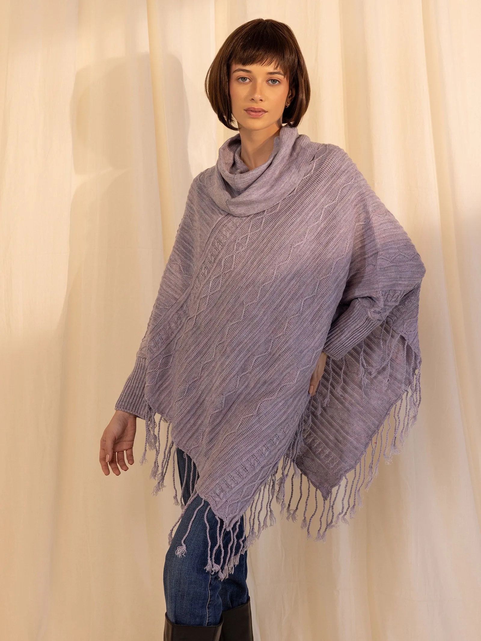 Woolen Cowl Neck Poncho - Lilac