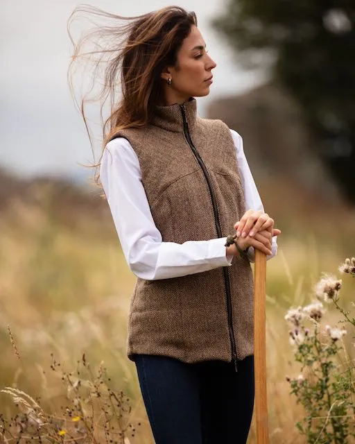 Wye Women's Harris Tweed Gilet - Brown green herringbone