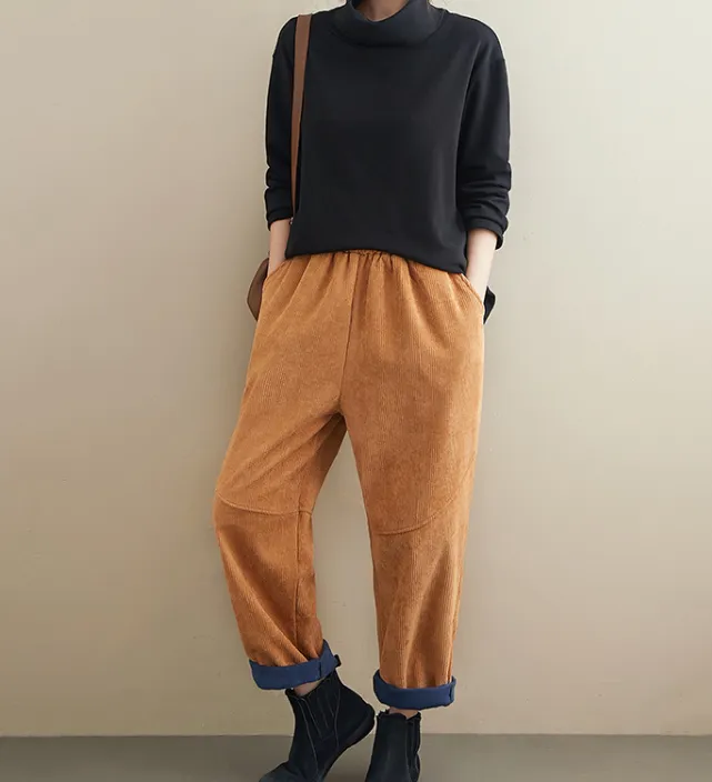 Yellow Corduroy  Stitching Harem Autumn Fleece Women Cotton Wide Leg Pants